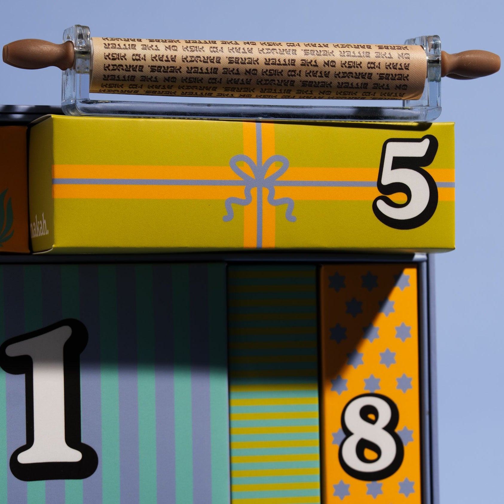 Tokin Jew Joint Scrollerand advent boxes on a blue background