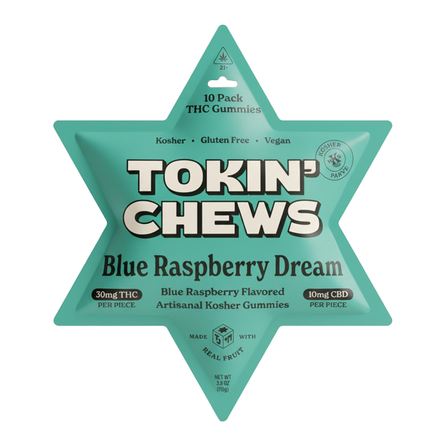 Star-shaped packaging of Tokin' Chews Blue Raspberry Dream gummies on a white background