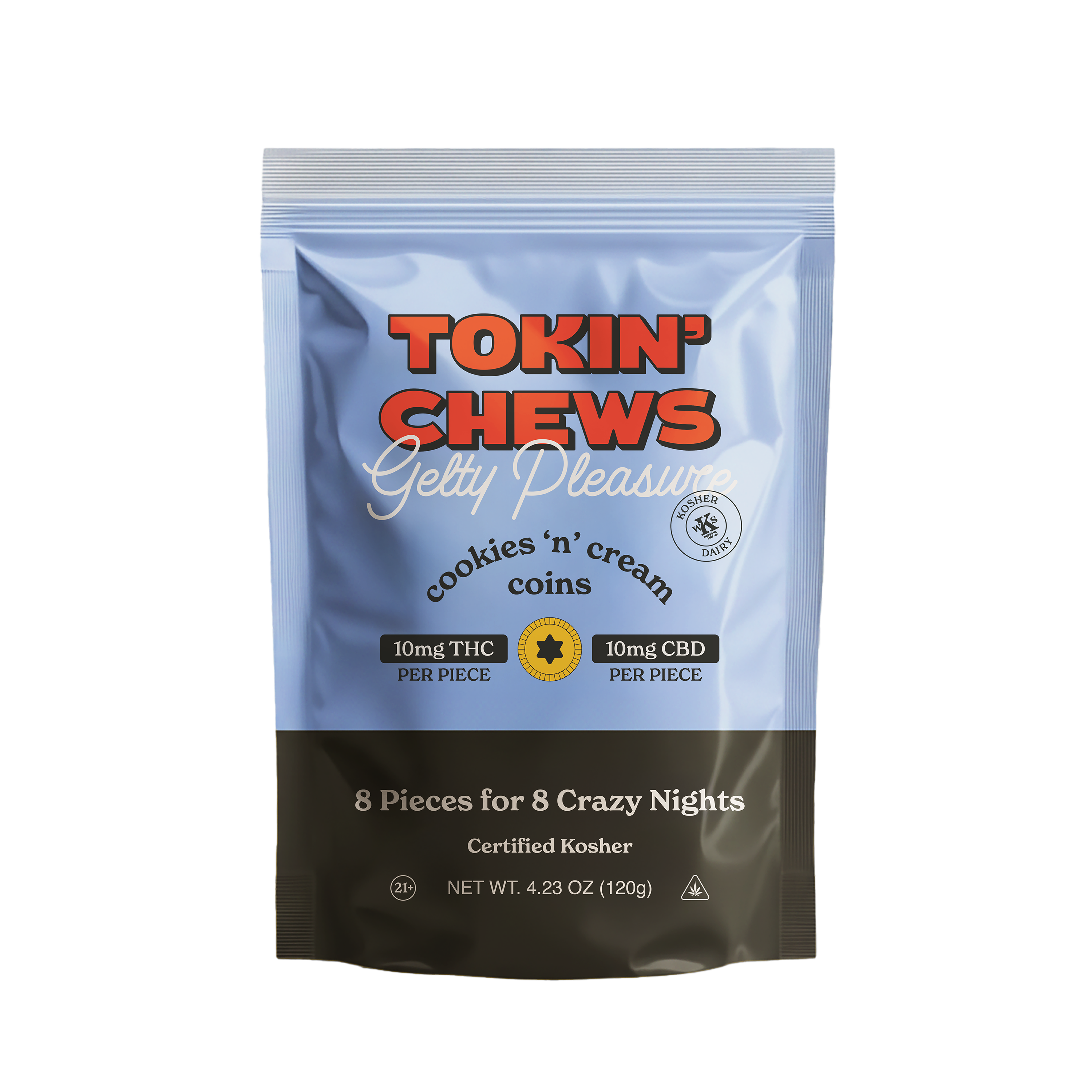 Packaging of Tokin' Chews with 'cookies 'n' cream' flavor on a white background