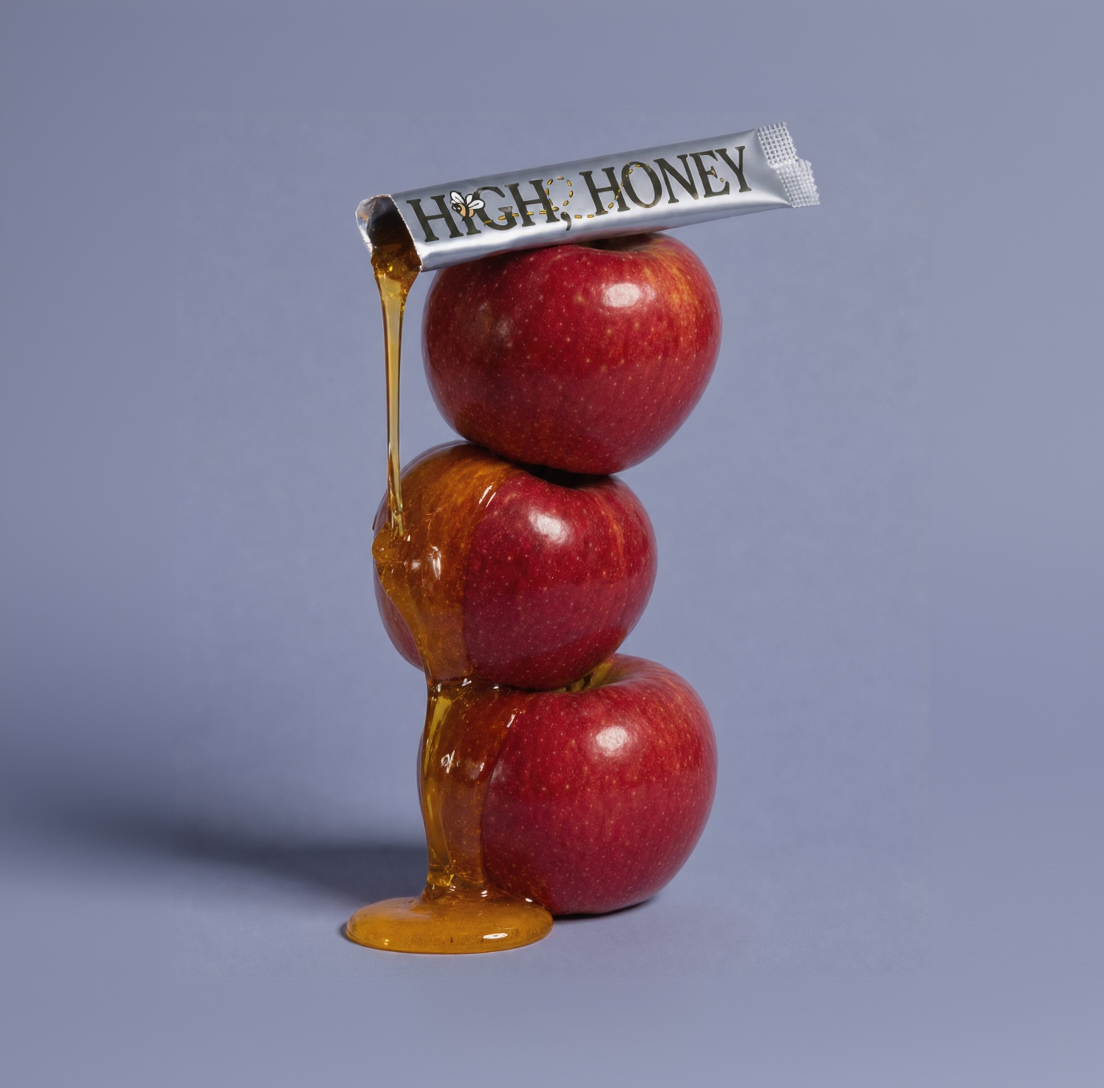 Three stacked red apples with honey dripping from a light blue honey stick 'HIGH HONEY' on top, set against a solid lavender-gray background.