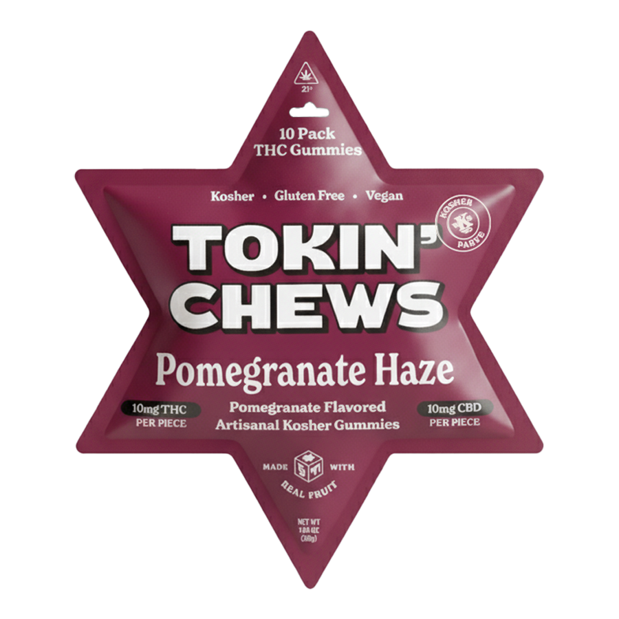 Star-shaped package of Tokin' Chews THC Gummies with pomegranate haze flavor on a white background.