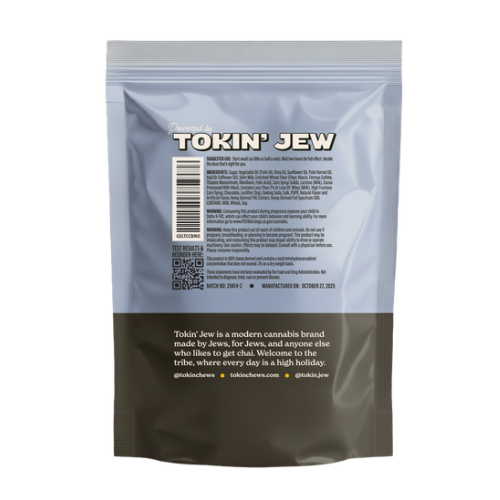 Back of a product packaging of 'Tokin' Jew' Gelt