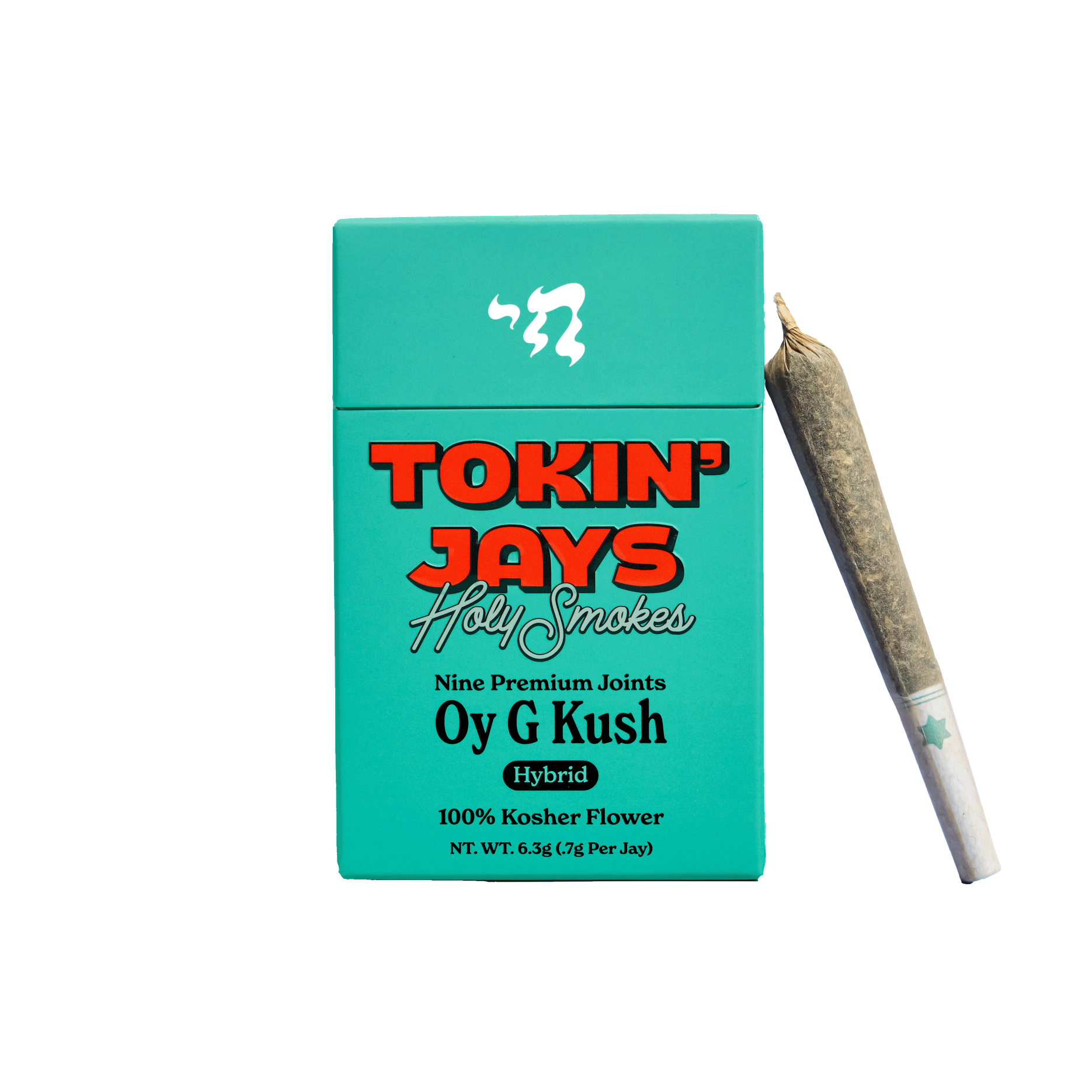 Tokin' Jays Holy Smokes with a joint on a white background with turquoise packaging