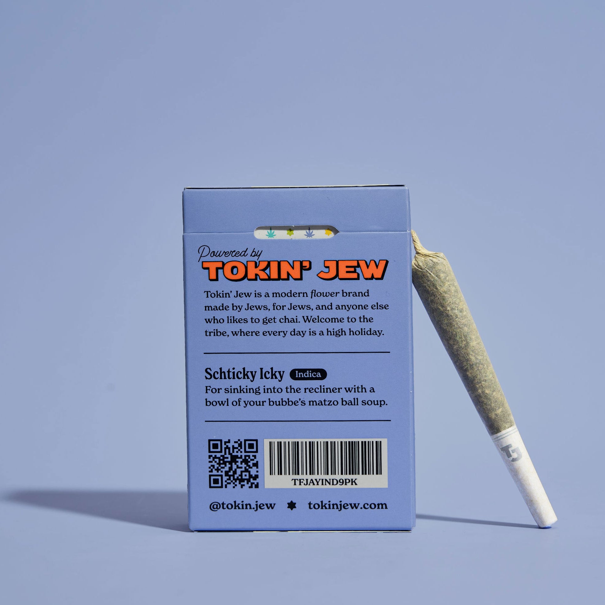 back of tokin jays pack with a rolled joint on a light blue background,