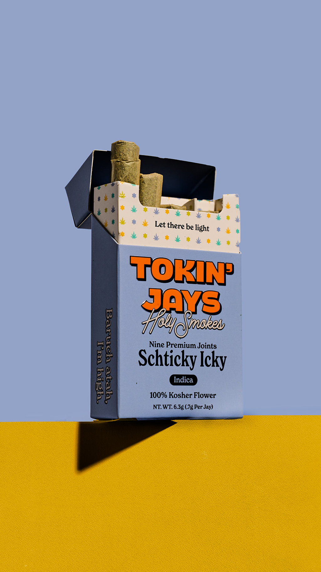 pack with 'Tokin' Jays' branding on a two-tone background, joints coming out the top