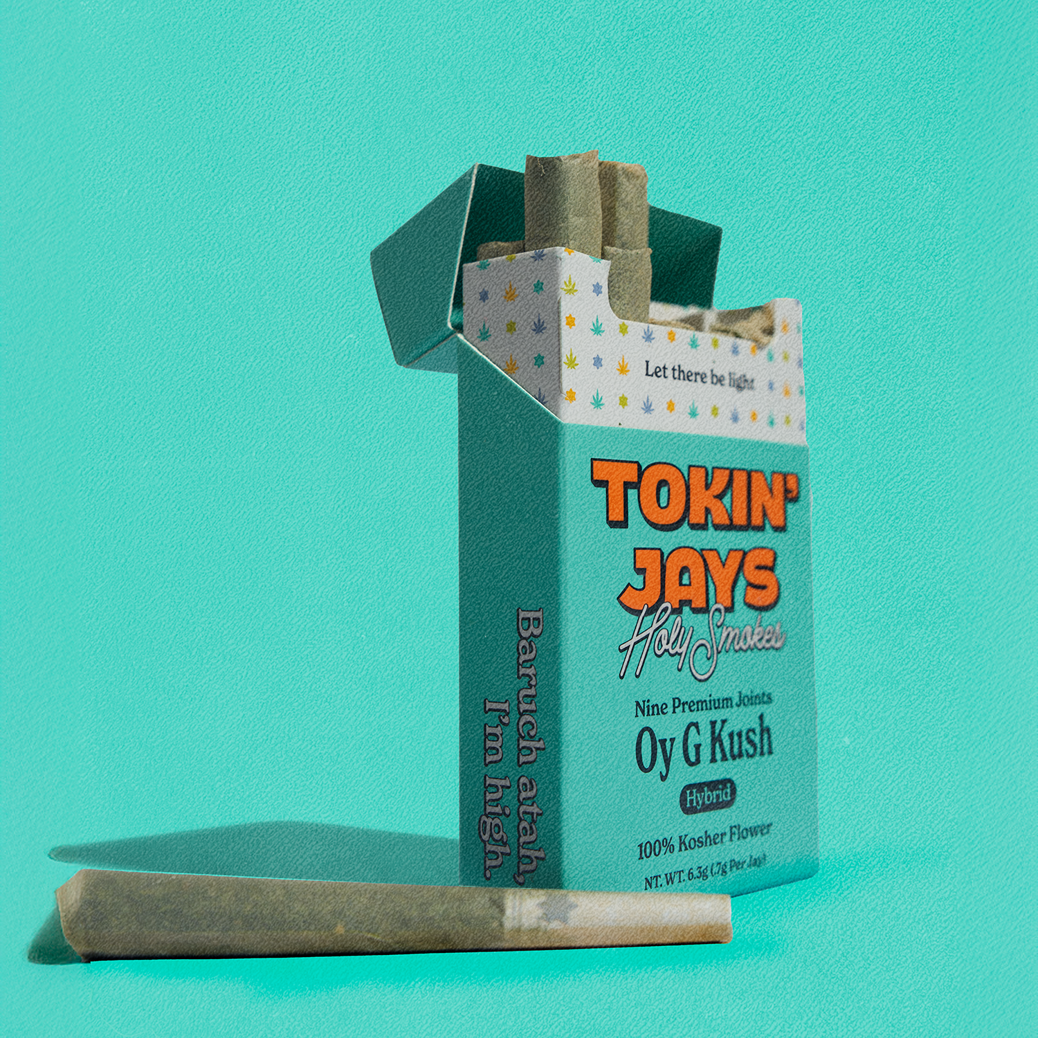 Cigarette pack labeled 'Tokin' Jays' with a rolled joint on a teal background