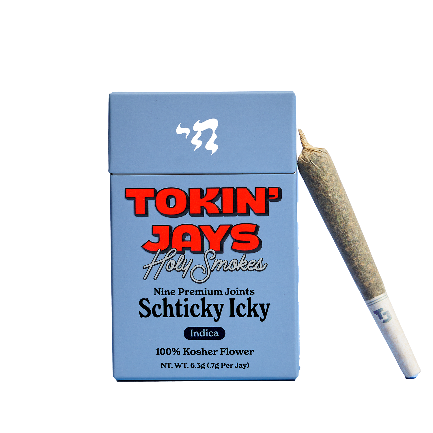 Blue packaging of 'Tokin' Jays Holy Smokes' with a joint on a white background