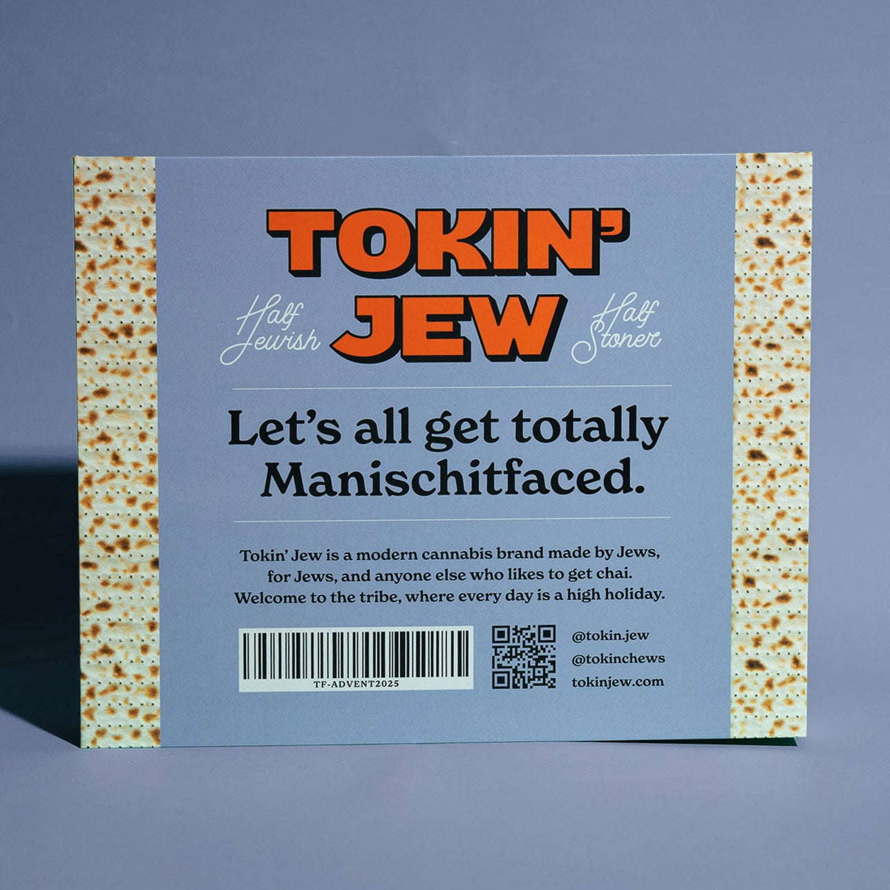 Back of passover advent calendar packaging with 'Tokin' Jew' branding on a blue background
