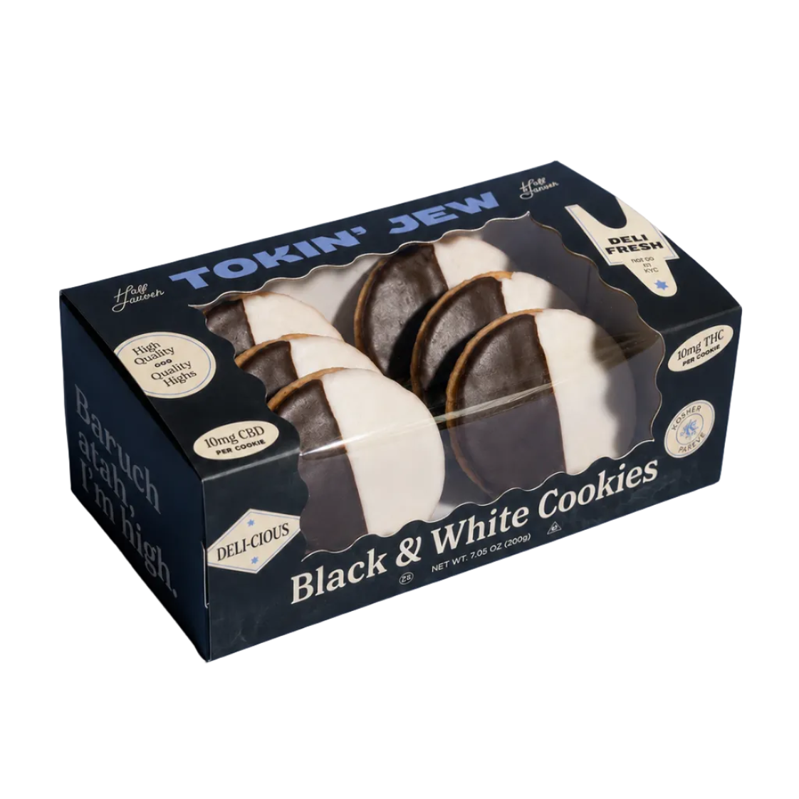 A boxed set of black and white cookies by 'Tokin' Jew', shown in a black window box against a solid blue background.