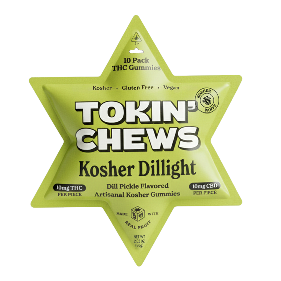 Star-shaped green packaging of 'Tokin' Chews' Kosher Dillight gummies on a white background.