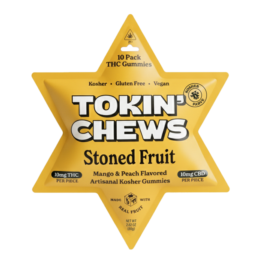 Star-shaped package of Tokin' Chews THC gummies with yellow and white design.