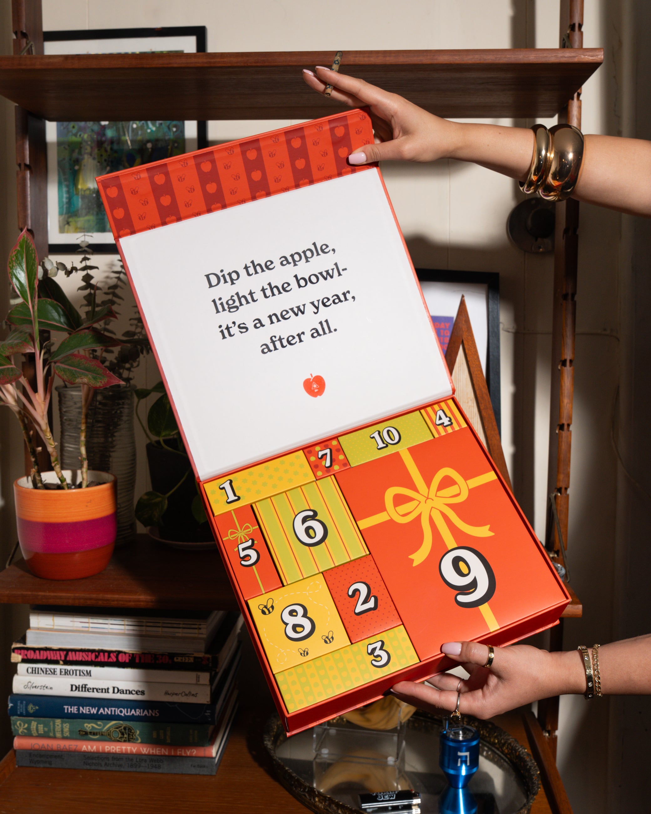 A person holds open a colorful advent-style gift box with printed instructions and numbered compartments, photographed in a real indoor setting with shelves, books, and decor visible in the background.