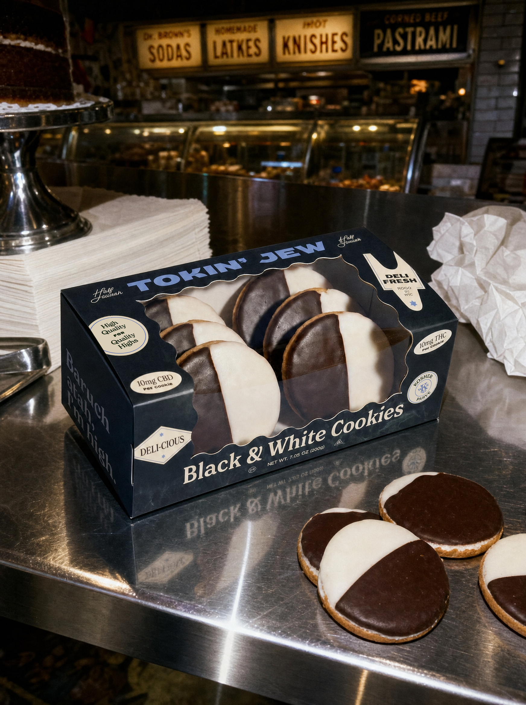 A box of Tokin' Jew Black & White Cookies sits on a stainless steel counter in a bakery, with several cookies placed in front. The packaging is dark blue with white lettering, and the cookies are half-chocolate and half-white icing.