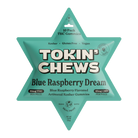 Star-shaped packaging of Tokin' Chews Blue Raspberry Dream gummies on a white background

