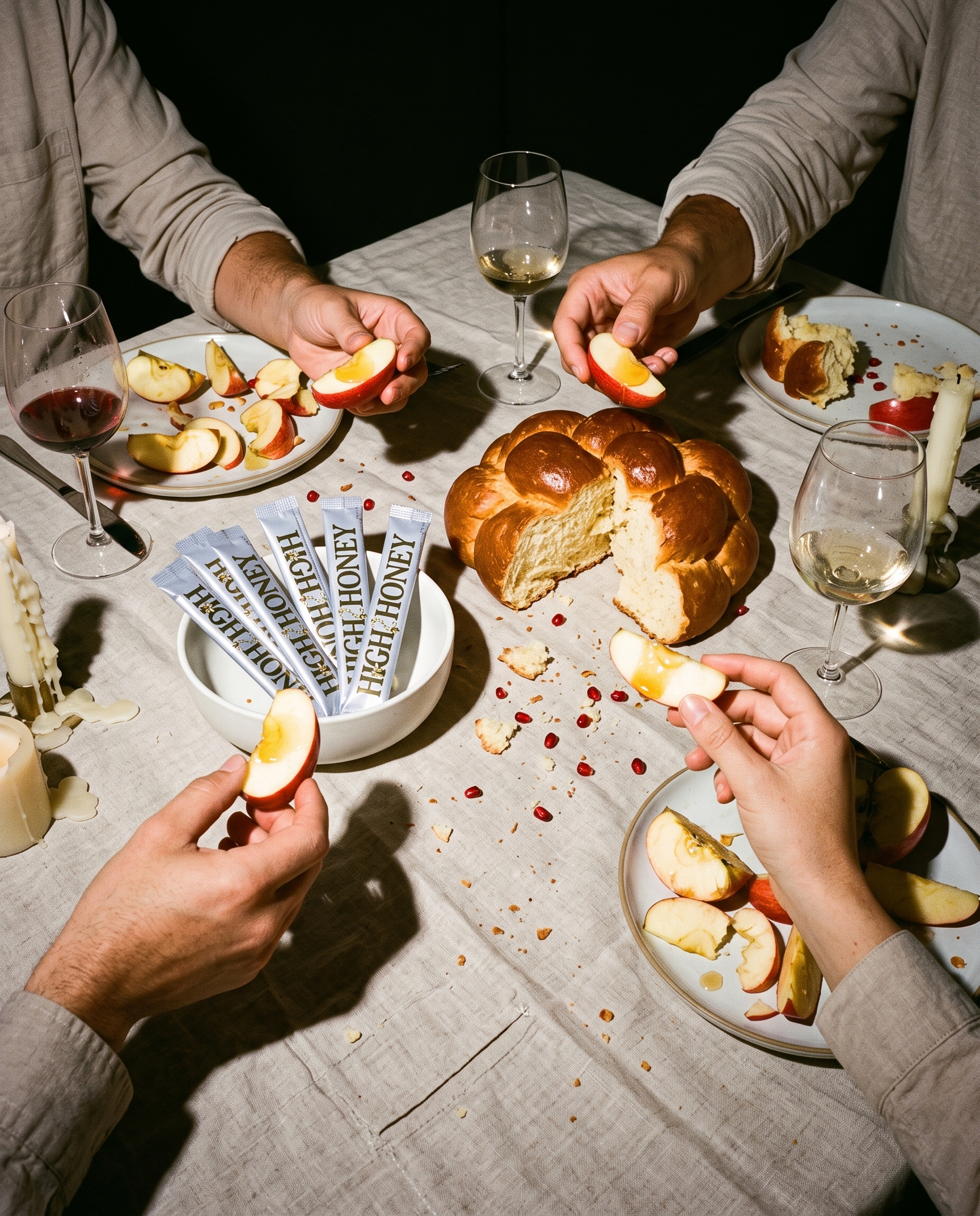 A dining table scene with multiple people's hands visible, sharing sliced bread, apple pieces, and glasses of white wine under warm candlelight. Papers on the table read 'HIGH HONEY'.