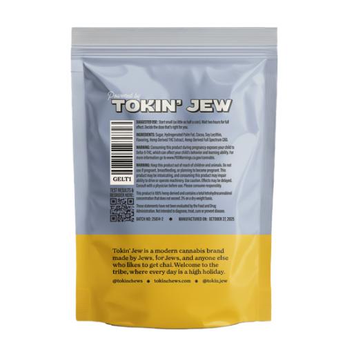 back of packaging  of 'Tokin' Jew' chocolate gelt on a white background
