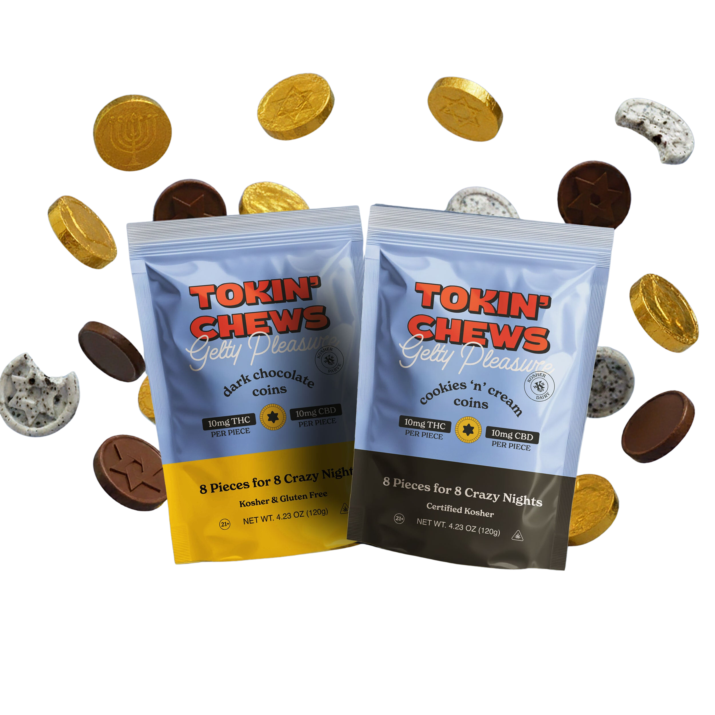 Two packages of Tokin' Chews with chocolate coins and cookies on a white background