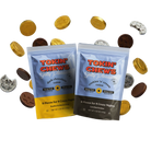 Two packages of Tokin' Chews with chocolate coins and cookies on a white background