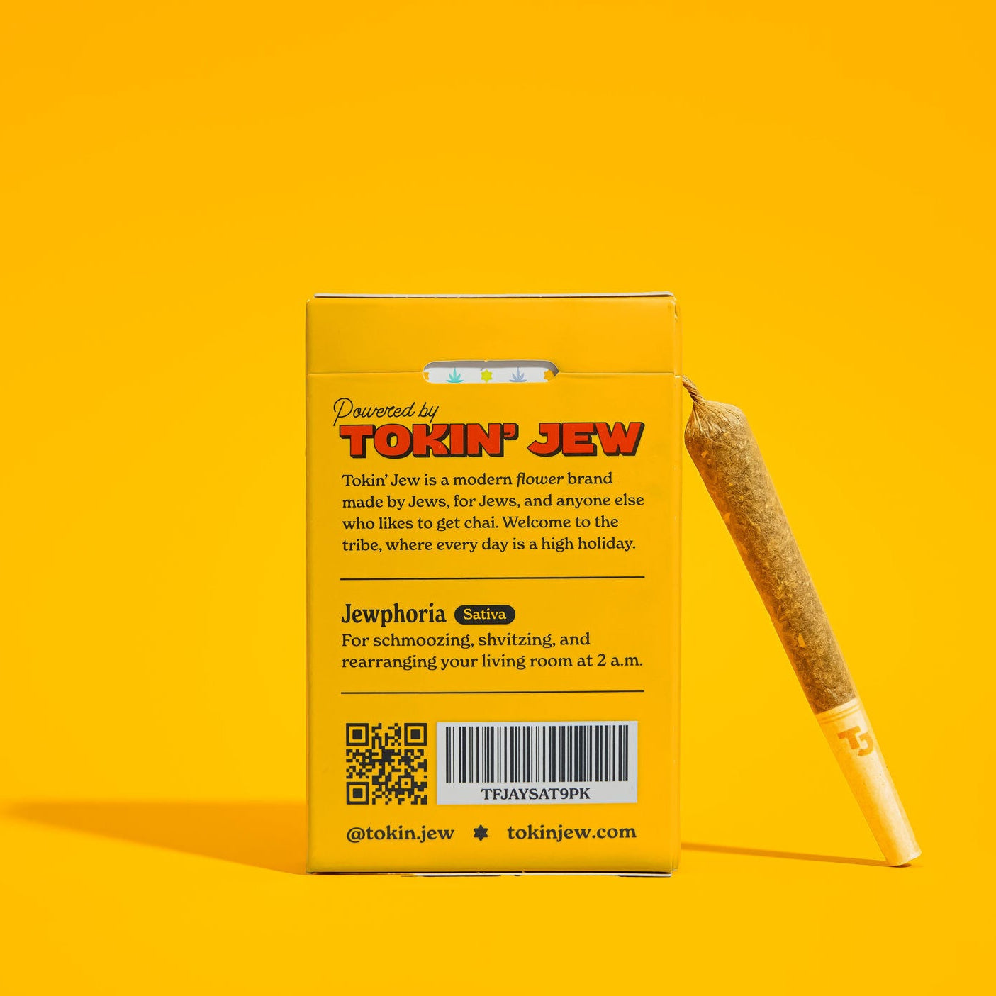 Yellow packaging with a rolled joint on a yellow background, featuring the brand 'Tokin' Jew'.
