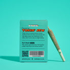 (tokin' jew) cannabis product packaging with a joint on a teal background