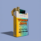 Tokin jays variety pack, side angle with joint sticking out on a blue background