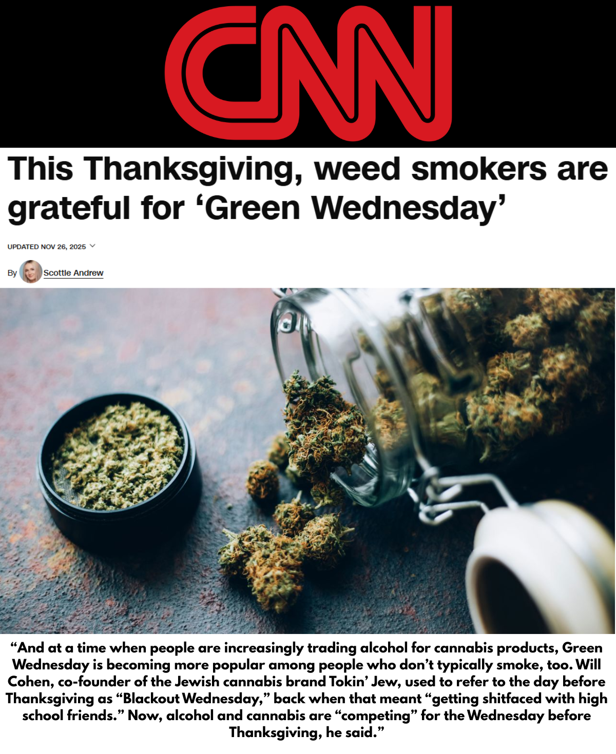 cnn website screenshot of an article about cannabis and the holidays

