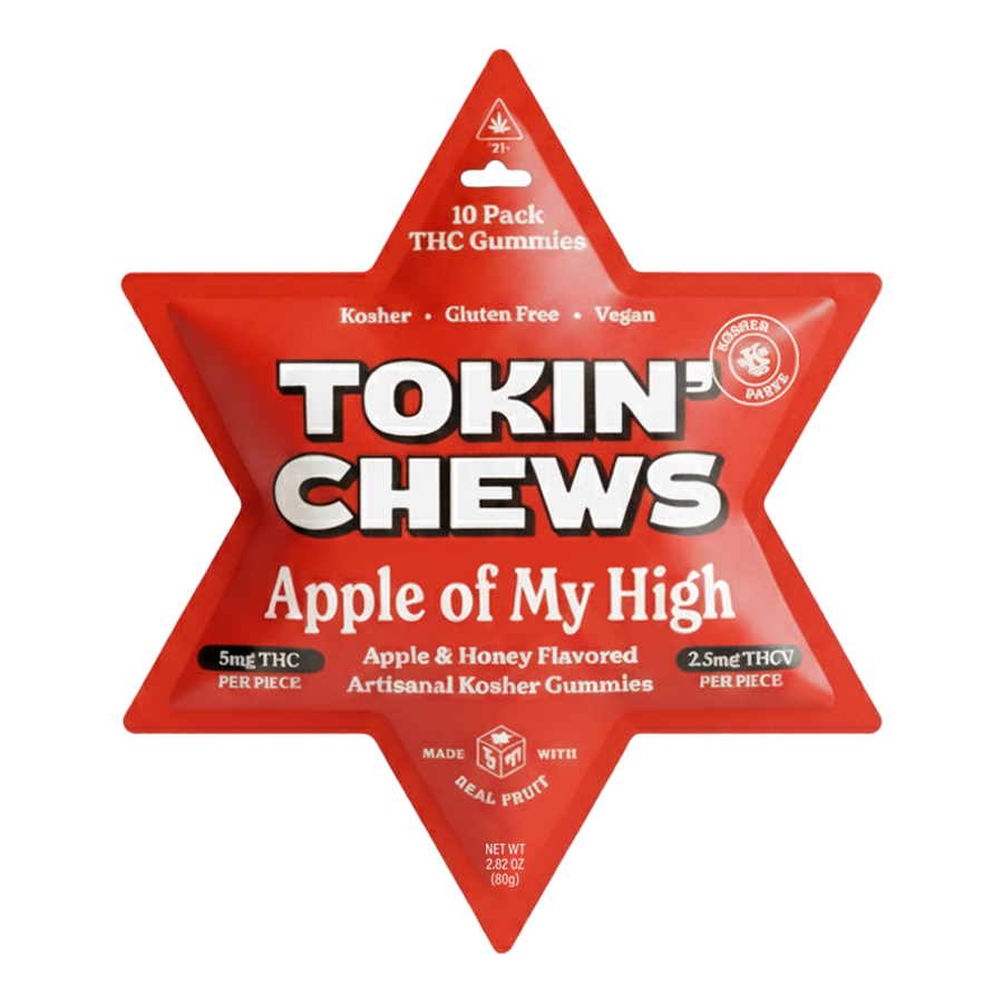Star-shaped red package of Tokin' Chews gummies on a white background