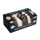 A boxed set of black and white cookies by  'Tokin' Jew', shown in a black window box against a solid blue background.