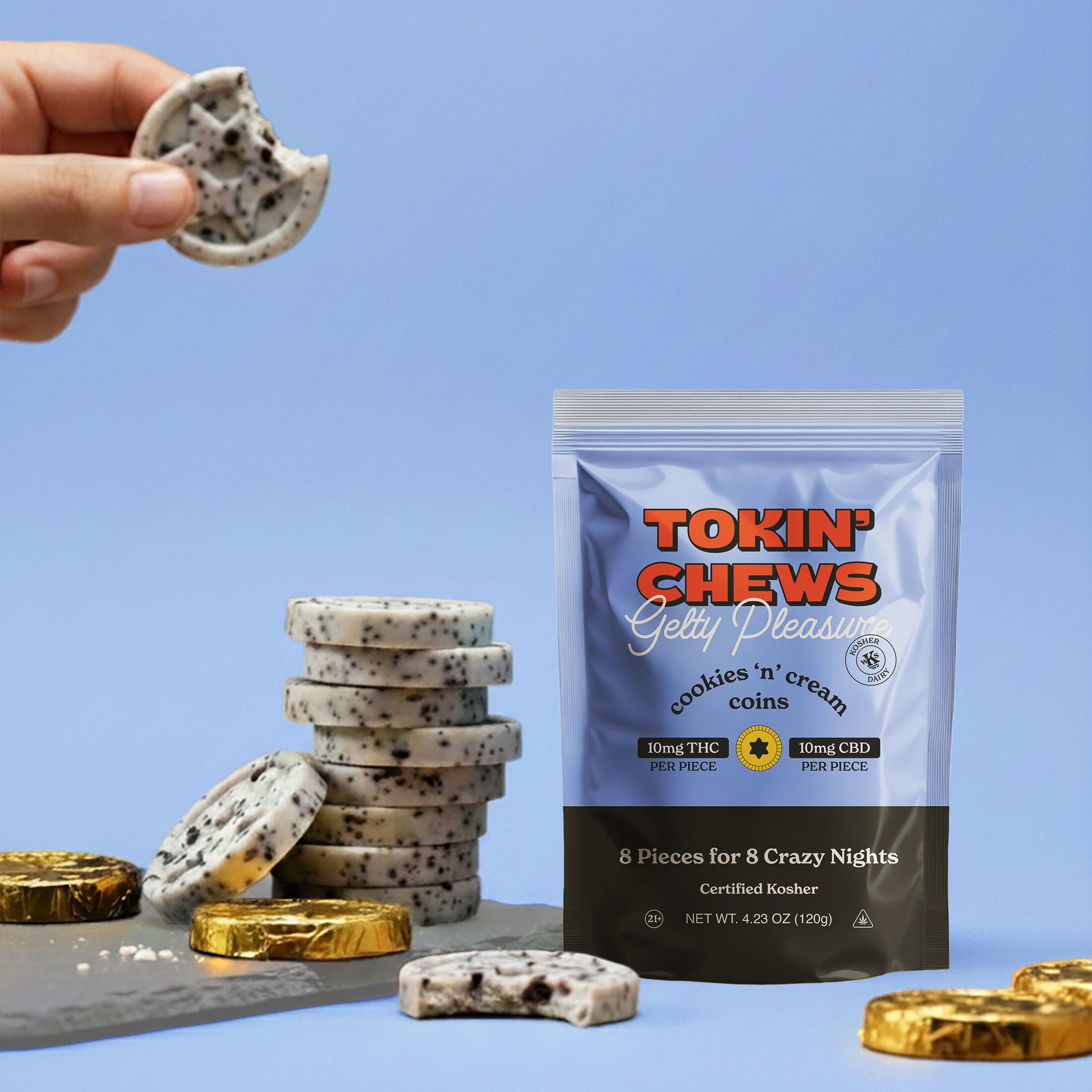 Packaging of Tokin' Chews cookies with a blue background