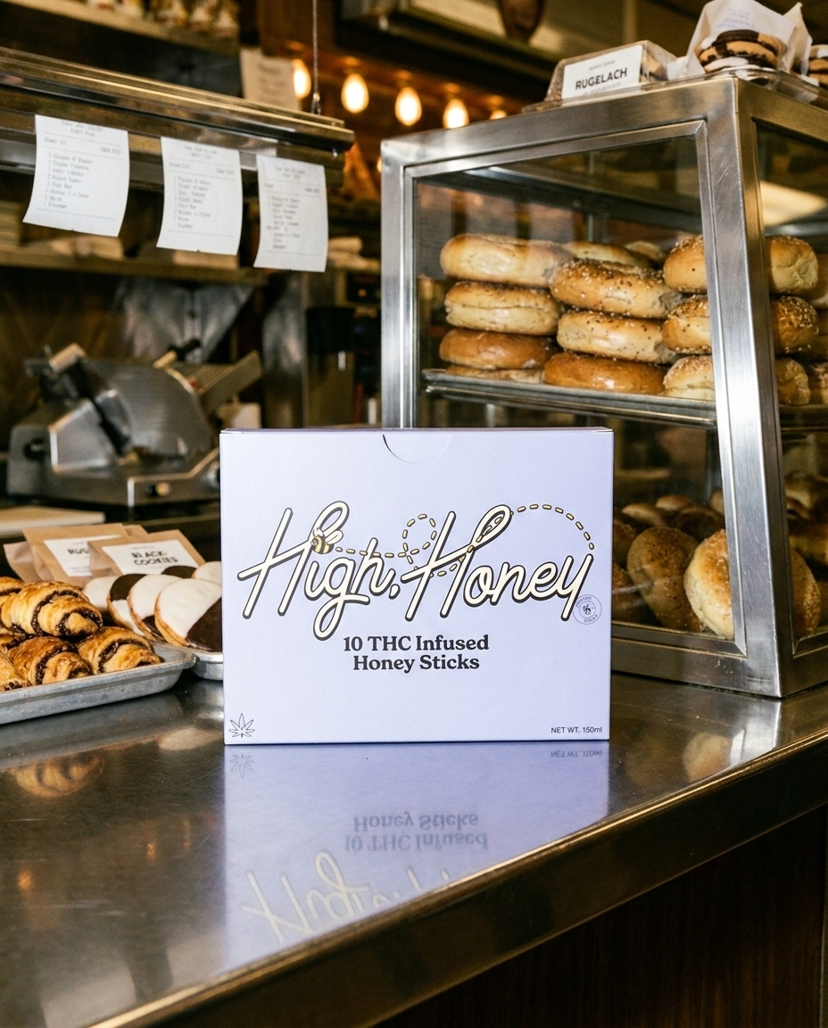 A box of High Honey 10 THCmg Infused Honey Sticks stands on a bakery counter in front of a glass display case filled with bagels and pastries.