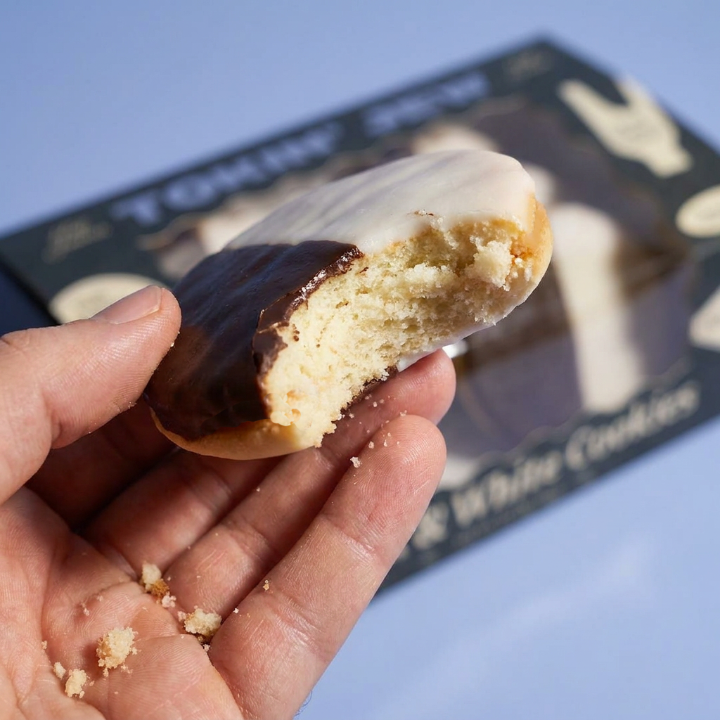 A hand holding a partially bitten chocolate white cookie, with the box of chocolate white cookies blurred in the background against a light blue backdrop.