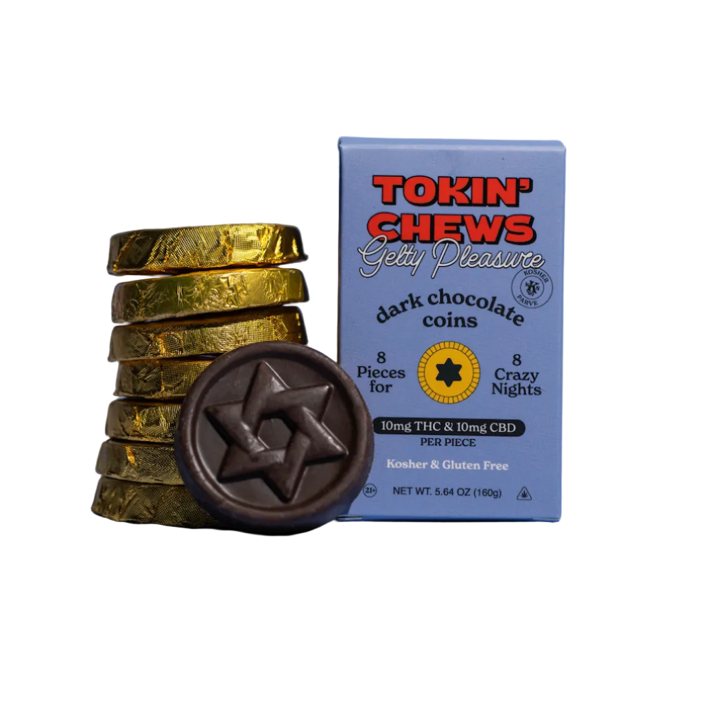 A stack of gold-wrapped chocolate coins and one exposed dark chocolate coin with a star design, displayed next to a blue box labeled 'Tokin' Chews Gelty Pleasures' on a light blue background.