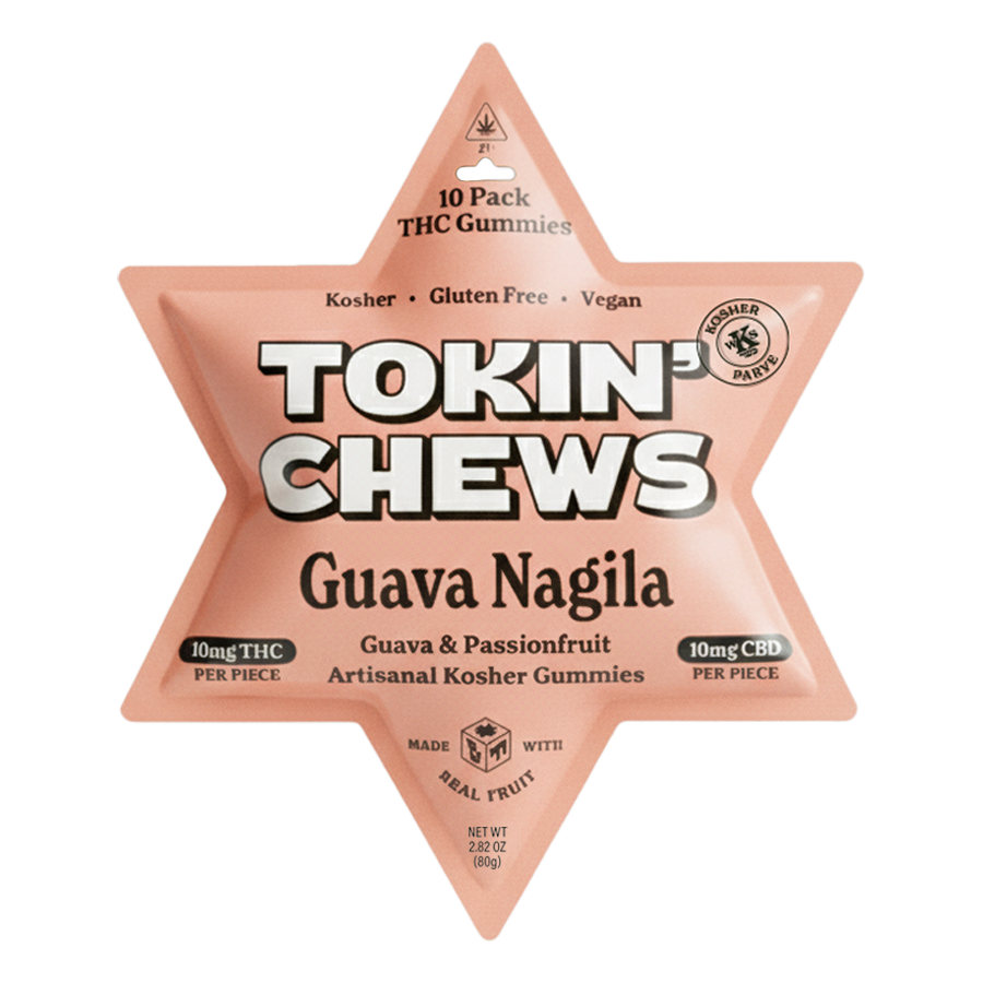 Star-shaped package of Tokin' Chews Guava Nagila gummies on a white background