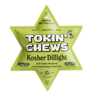 Star-shaped green packaging of 'Tokin' Chews' Kosher Dillight gummies on a white background.