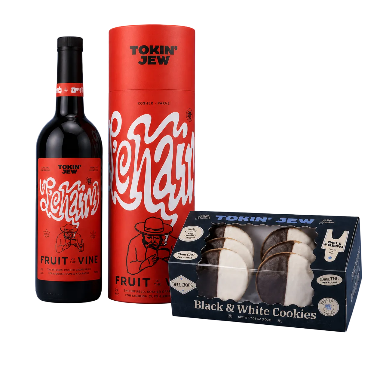 A gift set from Tokin' Jew featuring a bottle of juice, a red cylindrical tube, and a box of Black & White Cookies, arranged on a light blue background.