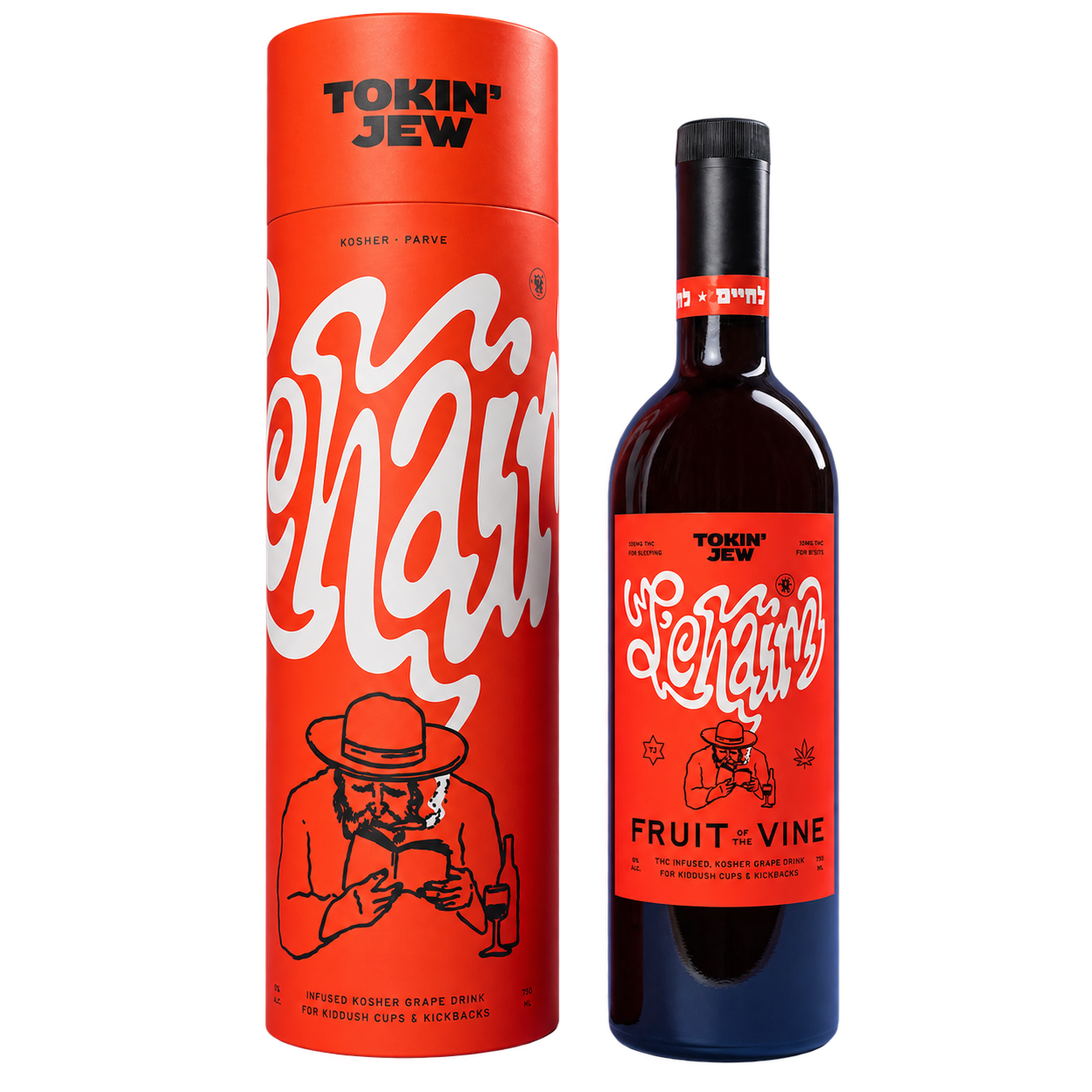 A bottle of Tokin' Jew Fruit of the Vine infused kosher grape wine stands next to its tall red cylindrical packaging tube on a clean white background.
