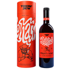 A bottle of Tokin' Jew Fruit of the Vine infused kosher grape wine stands next to its tall red cylindrical packaging tube on a clean white background.