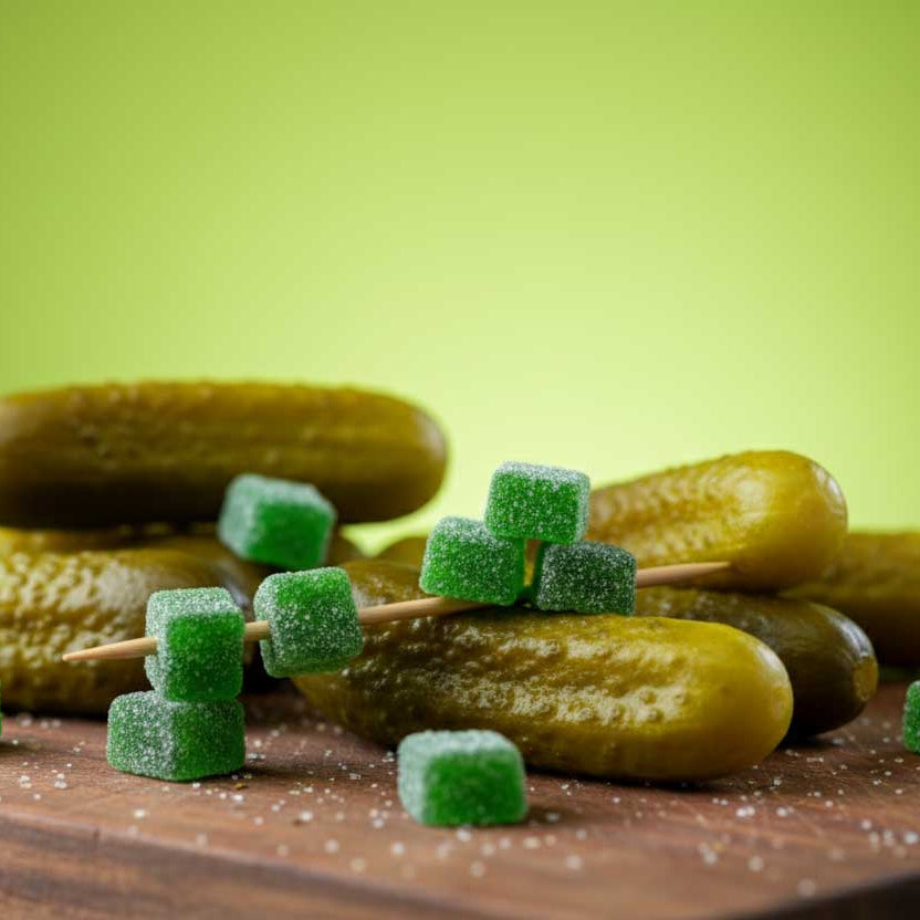 Pickles and pickle gummies on a wooden board with a green background