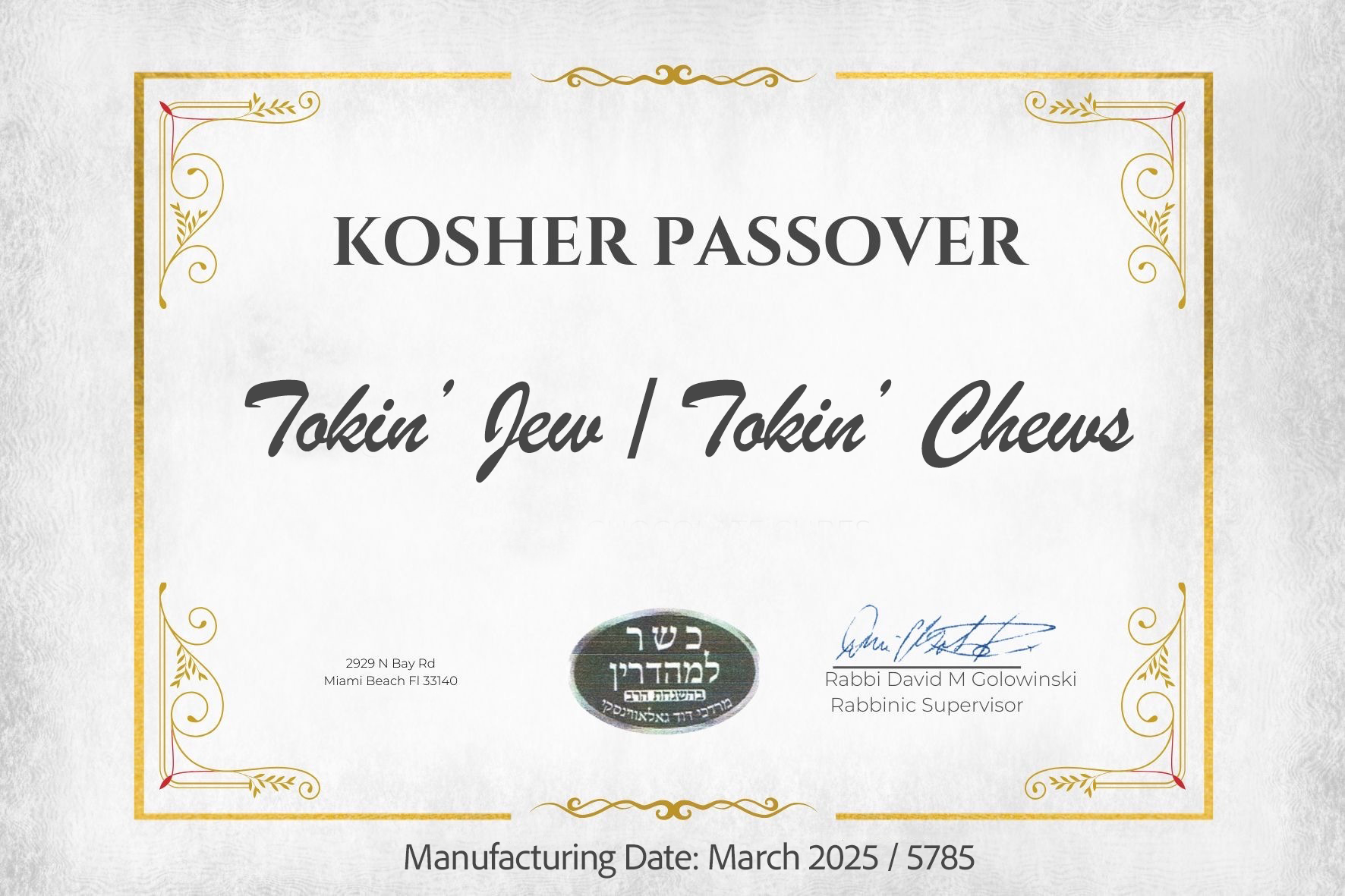 Signed Kosher certification